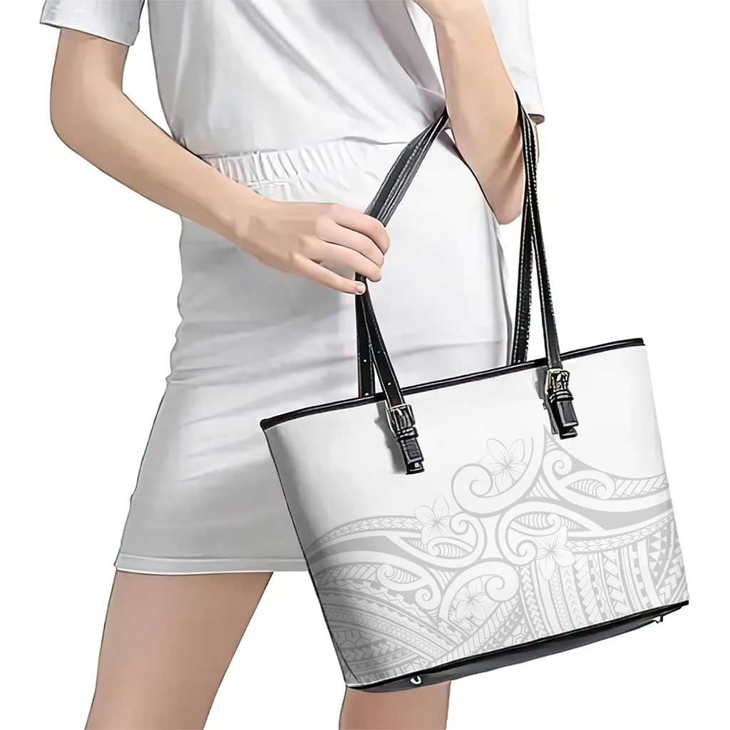 Polynesia White Sunday Leather Tote Bag Plumeria Polynesian Tribal Grey Color - Polynesian Pride