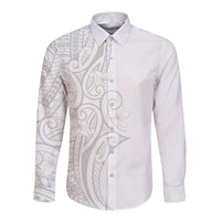 Polynesia White Sunday Long Sleeve Button Shirt Plumeria Polynesian Tribal Grey Color - Polynesian Pride