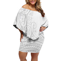 Polynesia White Sunday Off Shoulder Short Dress Plumeria Polynesian Tribal Grey Color - Polynesian Pride