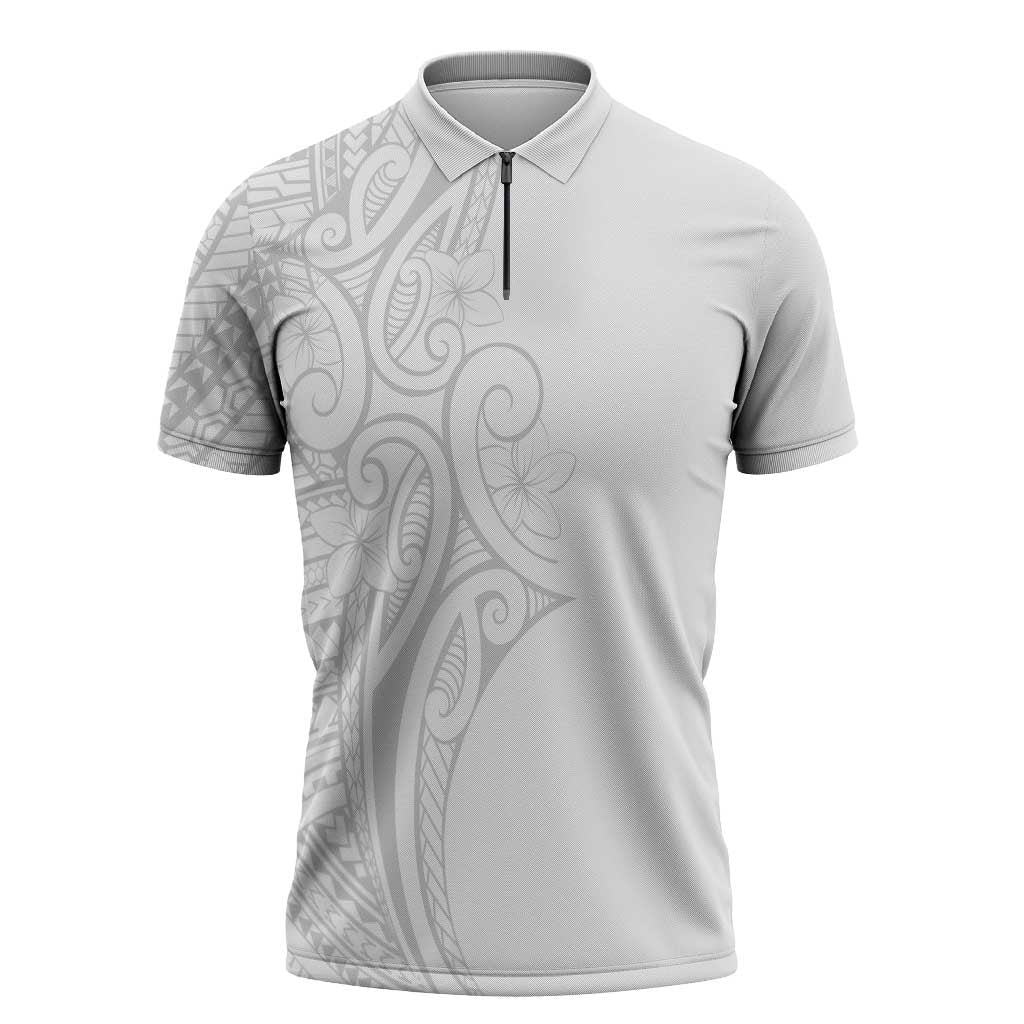 Polynesia White Sunday Zipper Polo Shirt Plumeria Polynesian Tribal Grey Color LT14 White - Polynesian Pride