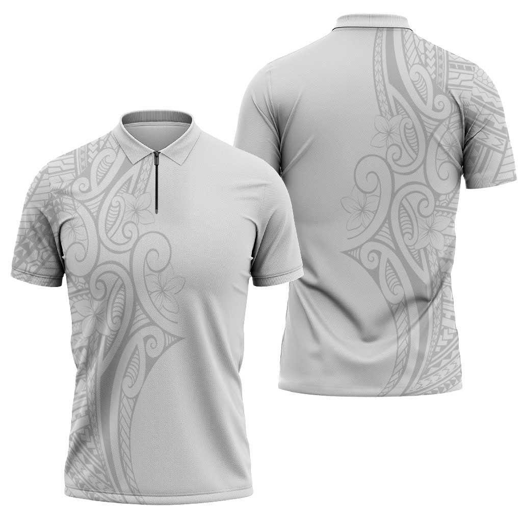 Polynesia White Sunday Zipper Polo Shirt Plumeria Polynesian Tribal Grey Color LT14 - Polynesian Pride