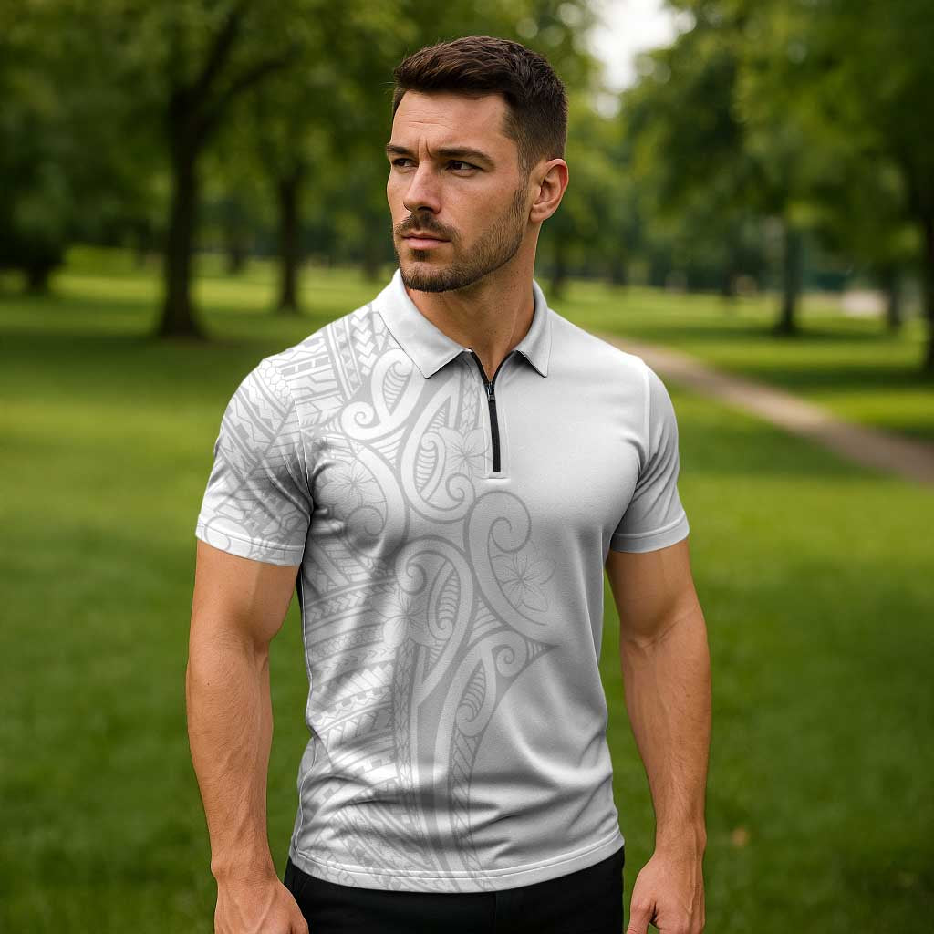 Polynesia White Sunday Zipper Polo Shirt Plumeria Polynesian Tribal Grey Color LT14 - Polynesian Pride