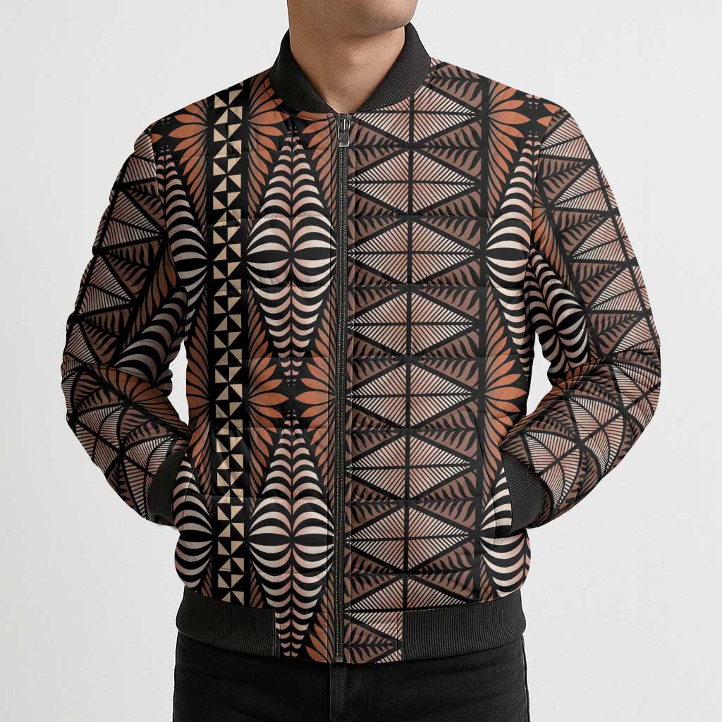 Malo e lelei Tonga Bomber Puffer Jacket Tongan Ngatu Vintage Brown LT14 - Polynesian Pride