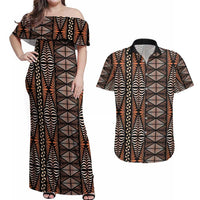 Malo e lelei Tonga Couples Matching Off Shoulder Maxi Dress and Hawaiian Shirt Tongan Ngatu Vintage Brown - Polynesian Pride