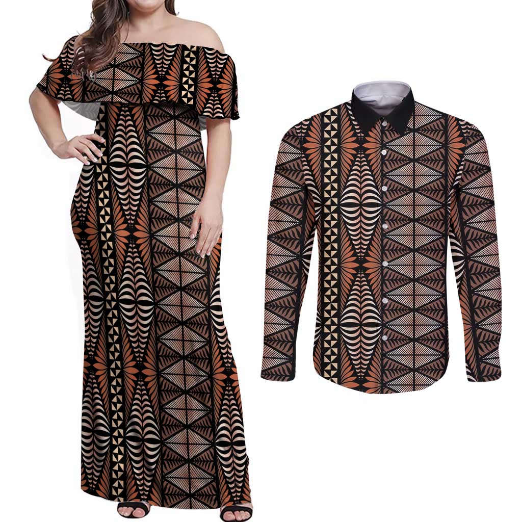 Malo e lelei Tonga Couples Matching Off Shoulder Maxi Dress and Long Sleeve Button Shirt Tongan Ngatu Vintage Brown - Polynesian Pride