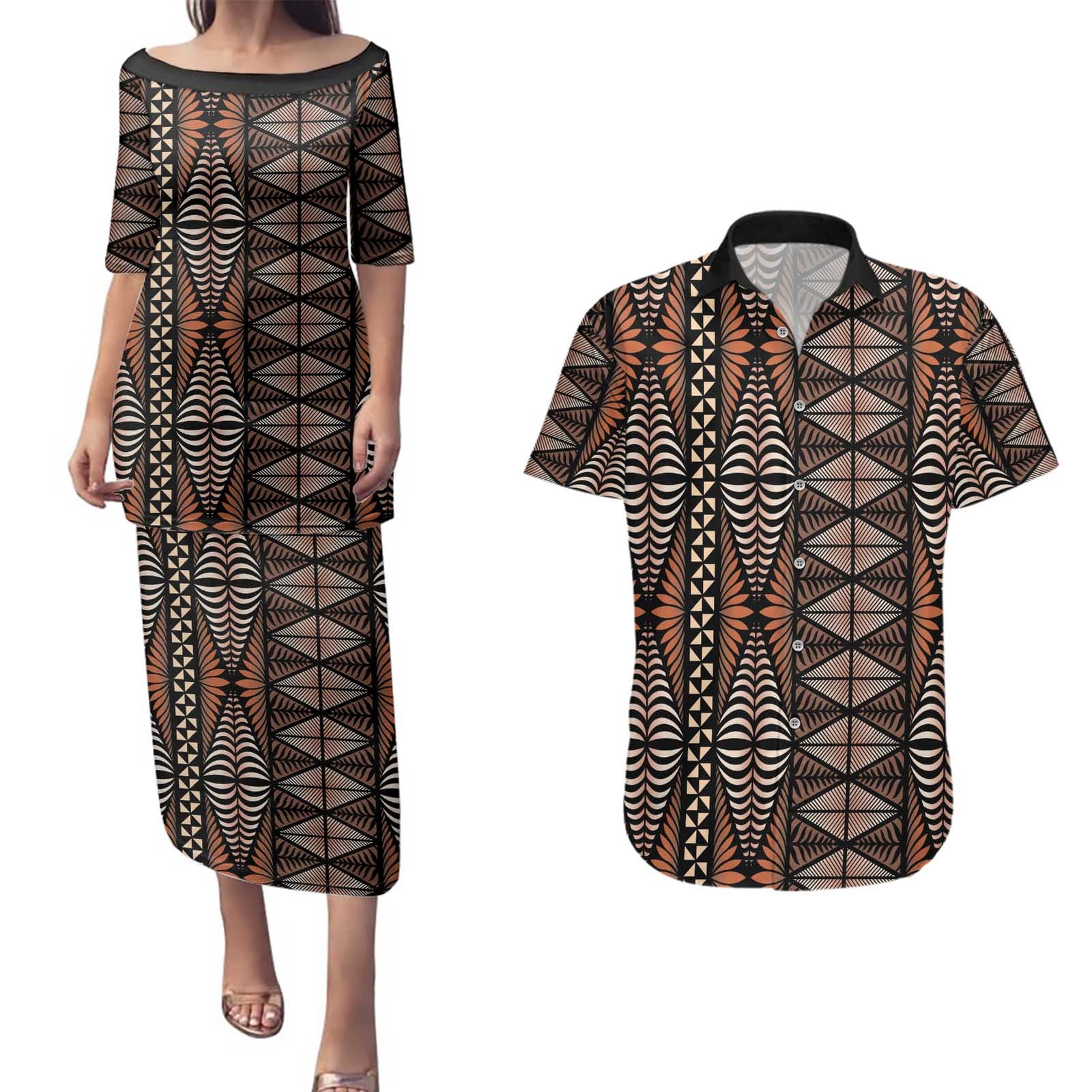 Malo e lelei Tonga Couples Matching Puletasi and Hawaiian Shirt Tongan Ngatu Vintage Brown LT14 Brown - Polynesian Pride