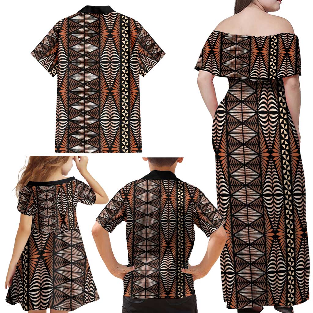 Malo e lelei Tonga Family Matching Off Shoulder Maxi Dress and Hawaiian Shirt Tongan Ngatu Vintage Brown - Polynesian Pride