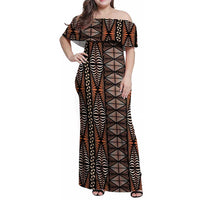 Malo e lelei Tonga Family Matching Off Shoulder Maxi Dress and Hawaiian Shirt Tongan Ngatu Vintage Brown - Polynesian Pride