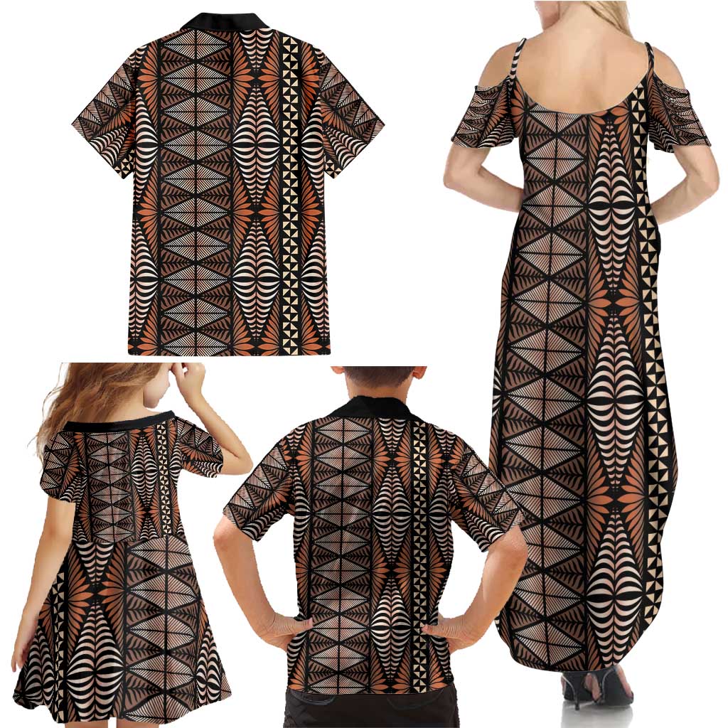 Malo e lelei Tonga Family Matching Summer Maxi Dress and Hawaiian Shirt Tongan Ngatu Vintage Brown - Polynesian Pride