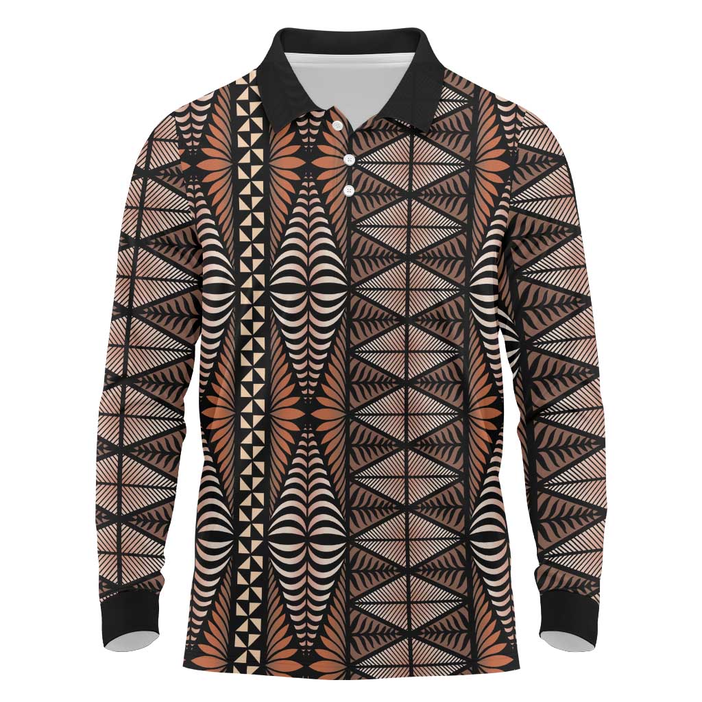 Malo e lelei Tonga Long Sleeve Polo Shirt Tongan Ngatu Vintage Brown LT14 Brown - Polynesian Pride