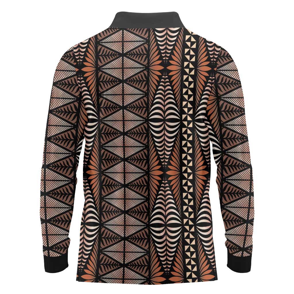 Malo e lelei Tonga Long Sleeve Polo Shirt Tongan Ngatu Vintage Brown LT14 - Polynesian Pride