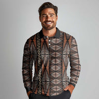 Malo e lelei Tonga Long Sleeve Polo Shirt Tongan Ngatu Vintage Brown LT14 - Polynesian Pride