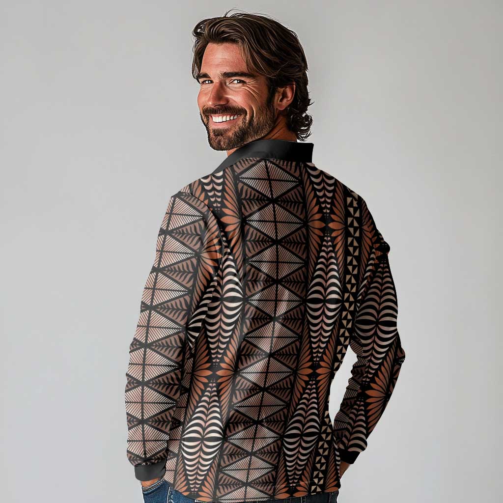 Malo e lelei Tonga Long Sleeve Polo Shirt Tongan Ngatu Vintage Brown LT14 - Polynesian Pride