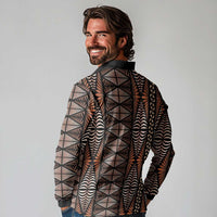 Malo e lelei Tonga Long Sleeve Polo Shirt Tongan Ngatu Vintage Brown LT14 - Polynesian Pride