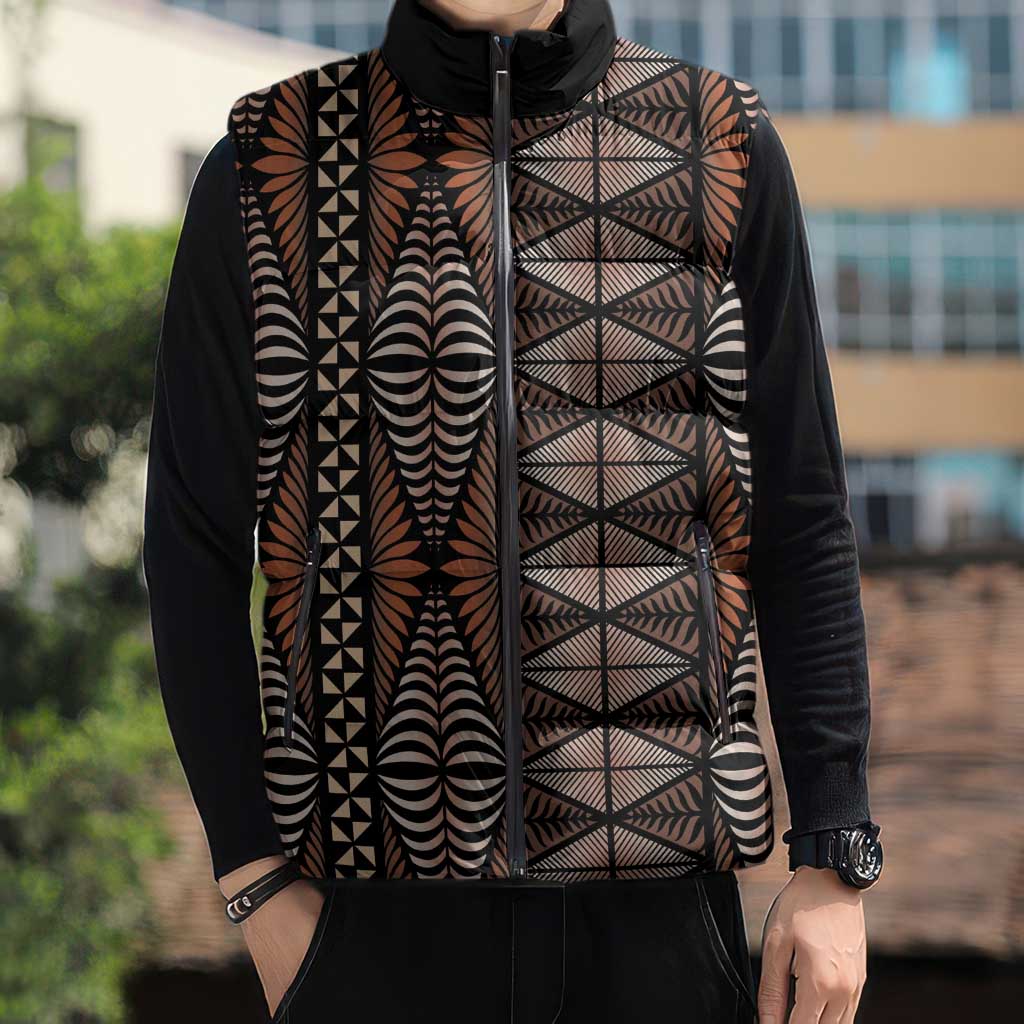 Malo e lelei Tonga Sleeveless Puffer Jacket Tongan Ngatu Vintage Brown LT14 - Polynesian Pride