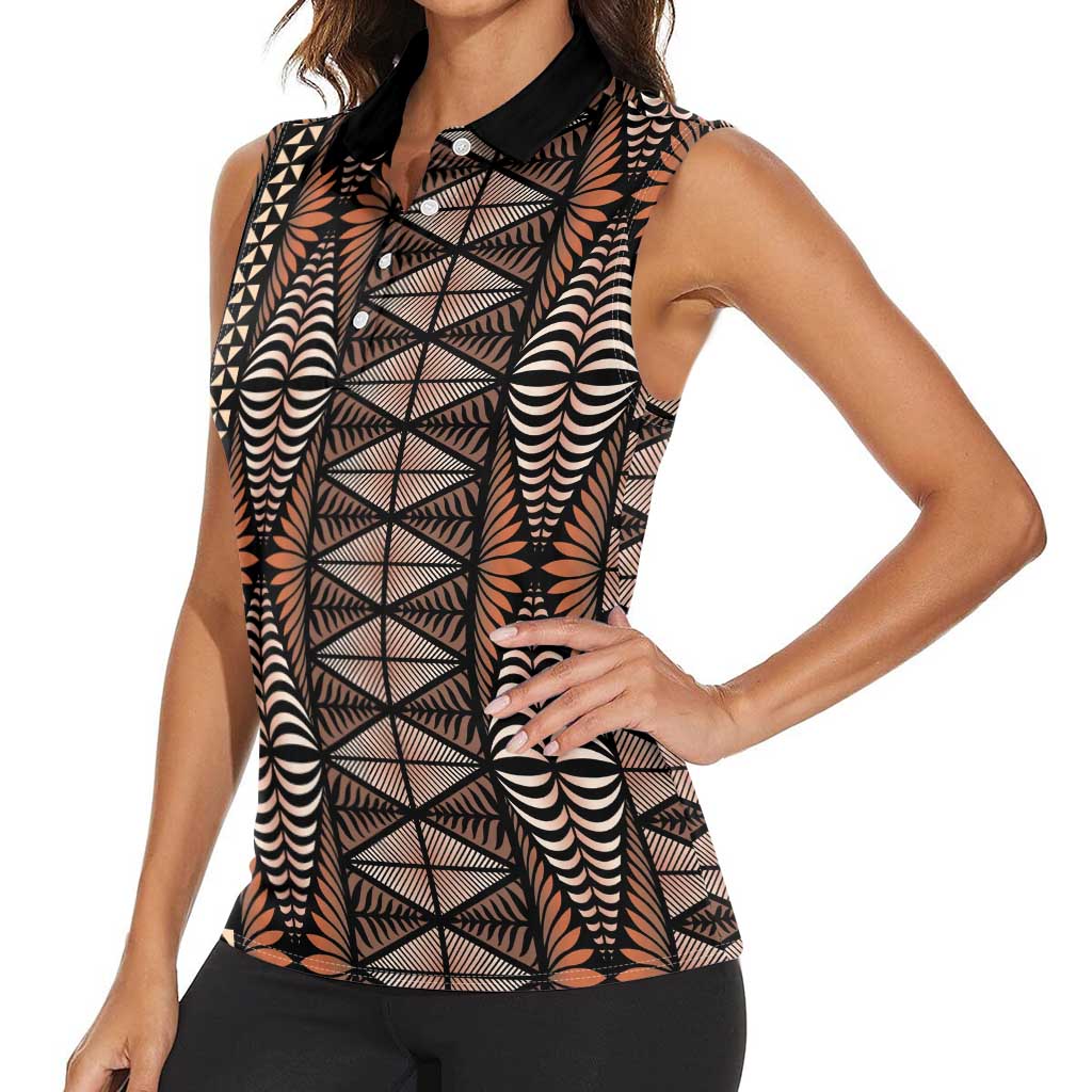 Malo e lelei Tonga Women Sleeveless Polo Shirt Tongan Ngatu Vintage Brown LT14 - Polynesian Pride