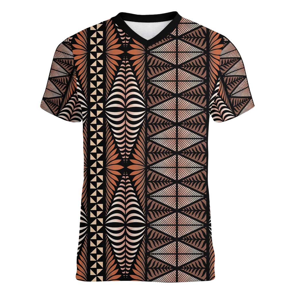 Malo e lelei Tonga Women V-Neck T-Shirt Tongan Ngatu Vintage Brown - Polynesian Pride