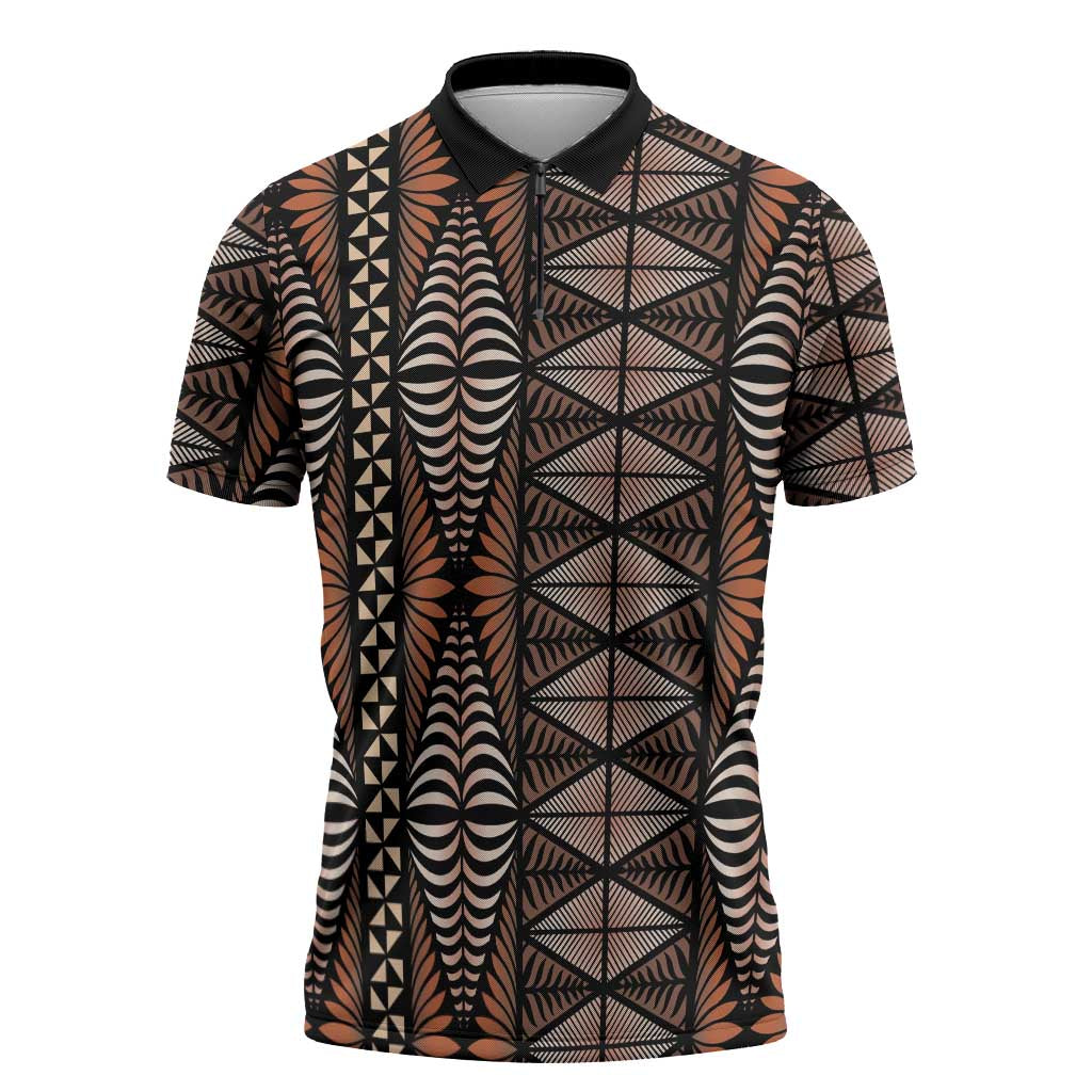 Malo e lelei Tonga Zipper Polo Shirt Tongan Ngatu Vintage Brown LT14 Brown - Polynesian Pride