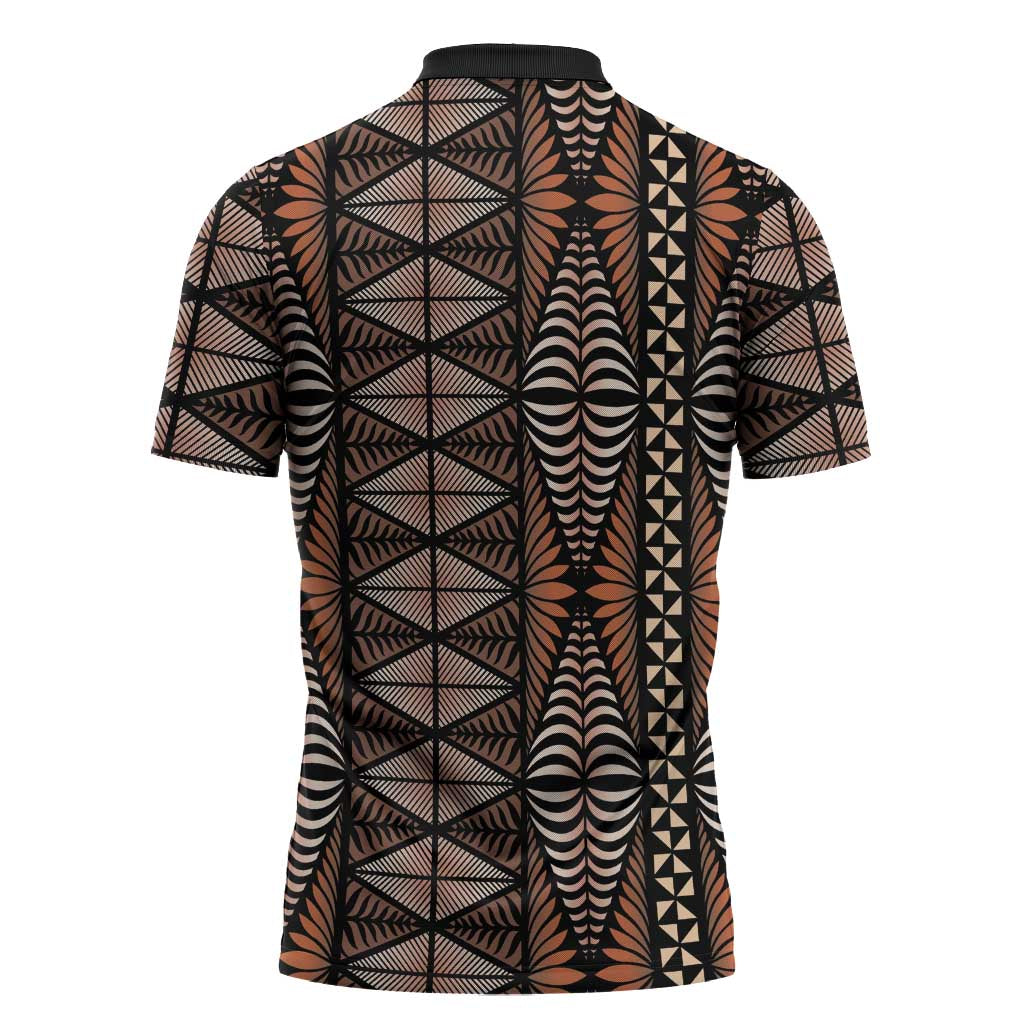 Malo e lelei Tonga Zipper Polo Shirt Tongan Ngatu Vintage Brown LT14 - Polynesian Pride