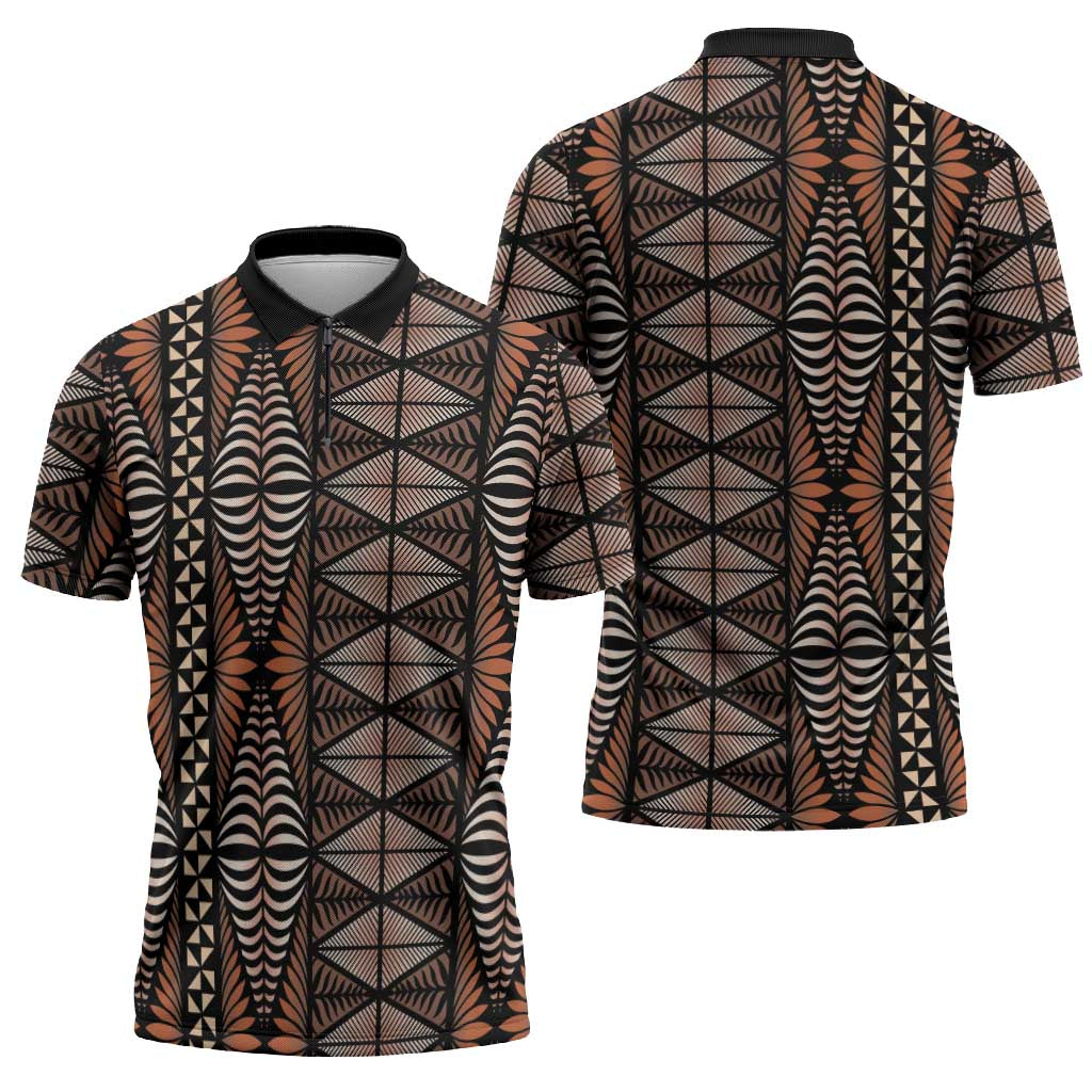 Malo e lelei Tonga Zipper Polo Shirt Tongan Ngatu Vintage Brown LT14 - Polynesian Pride