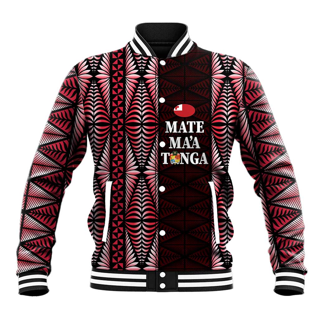 Tonga Rugby Personalised Baseball Jacket 2025 Mate Maa Tonga Ngatu Motif LT14 Unisex Red - Polynesian Pride