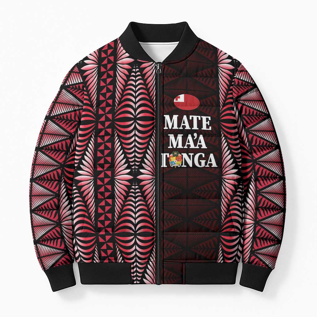 Tonga Rugby Personalised Bomber Puffer Jacket 2025 Mate Maa Tonga Ngatu Motif LT14 Unisex Red - Polynesian Pride