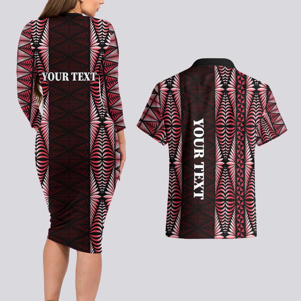 Tonga Rugby Personalised Couples Matching Long Sleeve Bodycon Dress and Hawaiian Shirt 2025 Mate Maa Tonga Ngatu Motif - Polynesian Pride