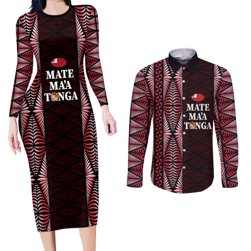 Tonga Rugby Personalised Couples Matching Long Sleeve Bodycon Dress and Long Sleeve Button Shirt 2025 Mate Maa Tonga Ngatu Motif LT14 Red - Polynesian Pride