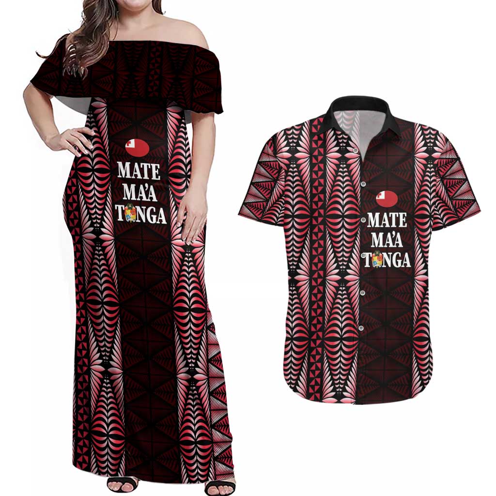 Tonga Rugby Personalised Couples Matching Off Shoulder Maxi Dress and Hawaiian Shirt 2025 Mate Maa Tonga Ngatu Motif - Polynesian Pride