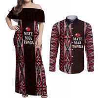 Tonga Rugby Personalised Couples Matching Off Shoulder Maxi Dress and Long Sleeve Button Shirt 2025 Mate Maa Tonga Ngatu Motif LT14 Red - Polynesian Pride