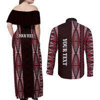 Tonga Rugby Personalised Couples Matching Off Shoulder Maxi Dress and Long Sleeve Button Shirt 2025 Mate Maa Tonga Ngatu Motif LT14 - Polynesian Pride