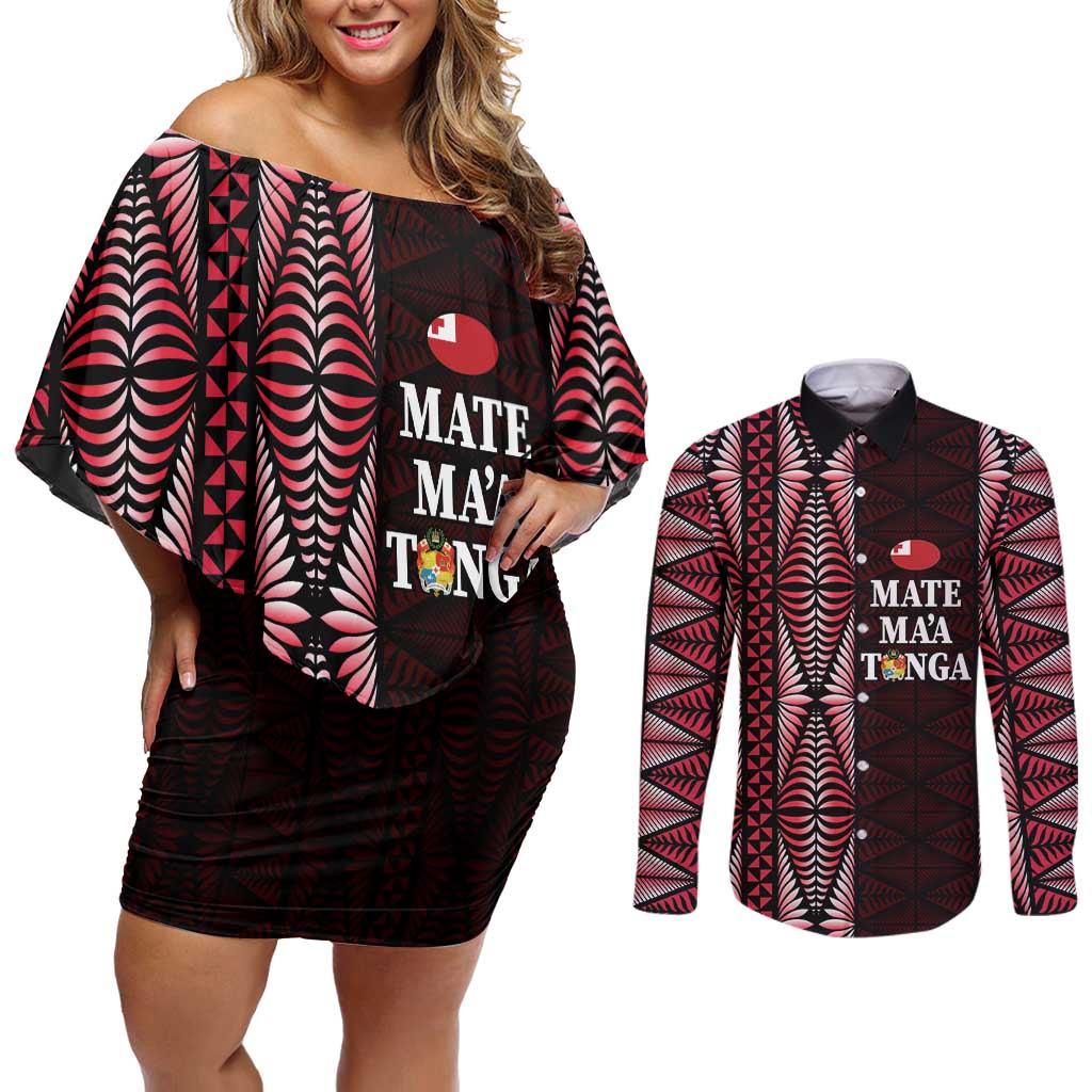 Tonga Rugby Personalised Couples Matching Off Shoulder Short Dress and Long Sleeve Button Shirt 2025 Mate Maa Tonga Ngatu Motif - Polynesian Pride