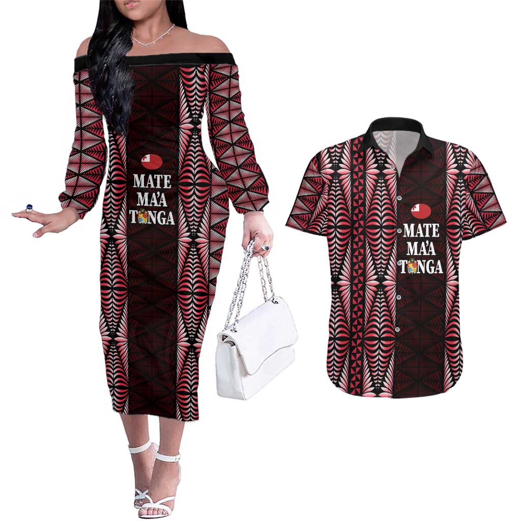 Tonga Rugby Personalised Couples Matching Off The Shoulder Long Sleeve Dress and Hawaiian Shirt 2025 Mate Maa Tonga Ngatu Motif - Polynesian Pride