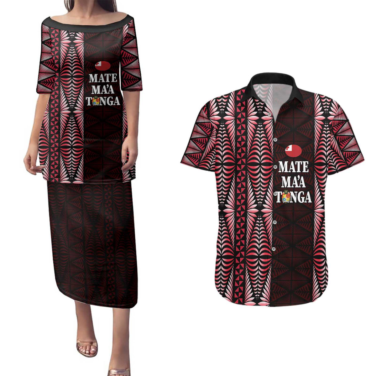 Tonga Rugby Personalised Couples Matching Puletasi and Hawaiian Shirt 2025 Mate Maa Tonga Ngatu Motif LT14 Red - Polynesian Pride