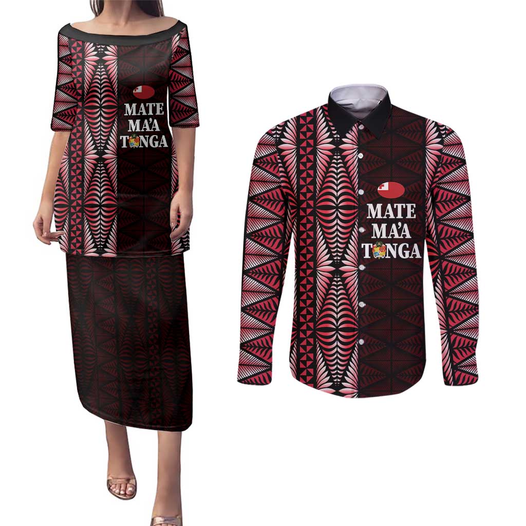 Tonga Rugby Personalised Couples Matching Puletasi and Long Sleeve Button Shirt 2025 Mate Maa Tonga Ngatu Motif LT14 Red - Polynesian Pride