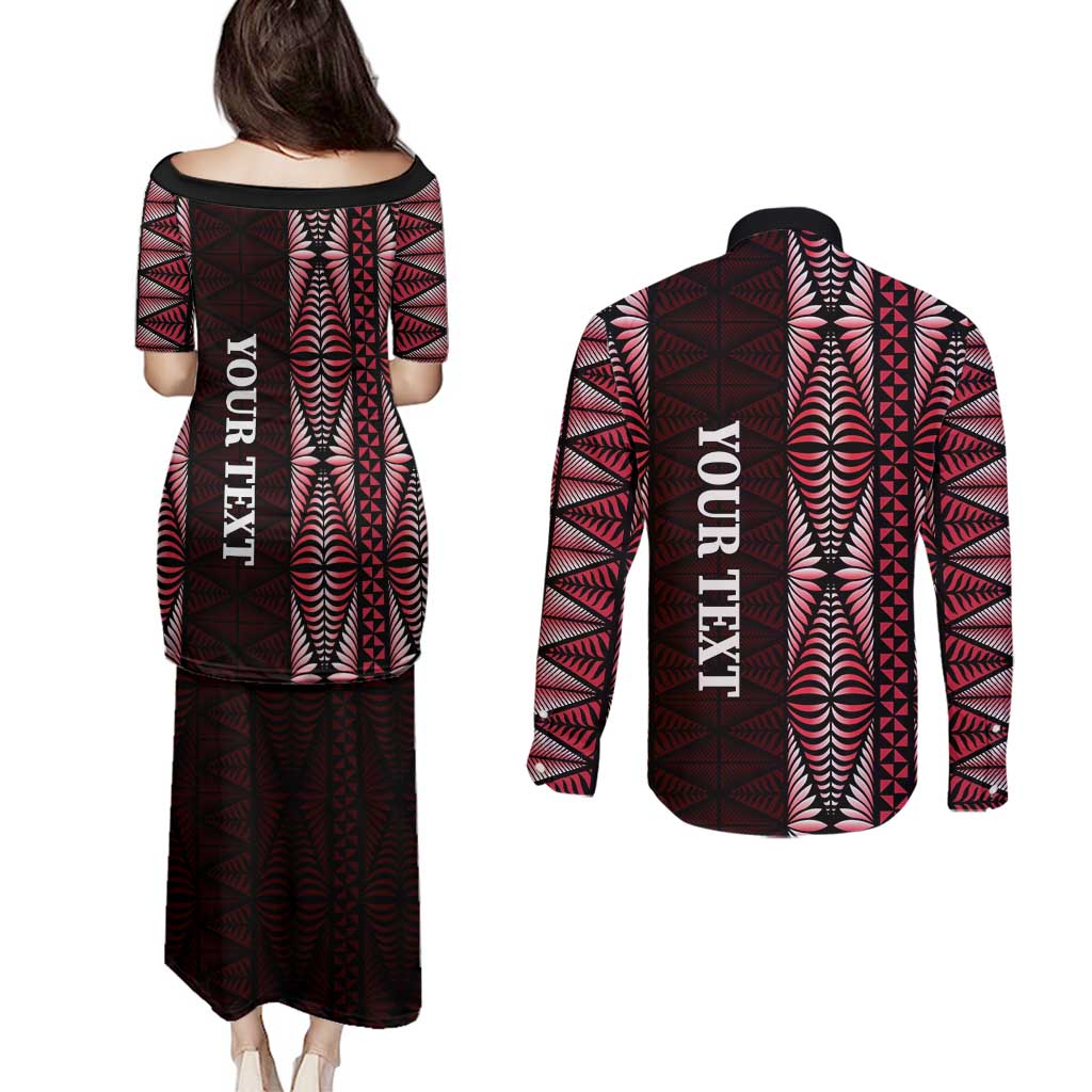 Tonga Rugby Personalised Couples Matching Puletasi and Long Sleeve Button Shirt 2025 Mate Maa Tonga Ngatu Motif LT14 - Polynesian Pride