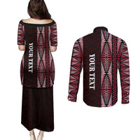 Tonga Rugby Personalised Couples Matching Puletasi and Long Sleeve Button Shirt 2025 Mate Maa Tonga Ngatu Motif LT14 - Polynesian Pride
