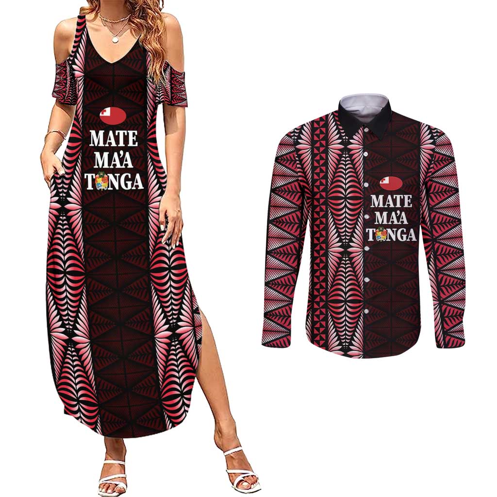 Tonga Rugby Personalised Couples Matching Summer Maxi Dress and Long Sleeve Button Shirt 2025 Mate Maa Tonga Ngatu Motif LT14 Red - Polynesian Pride