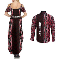 Tonga Rugby Personalised Couples Matching Summer Maxi Dress and Long Sleeve Button Shirt 2025 Mate Maa Tonga Ngatu Motif LT14 - Polynesian Pride
