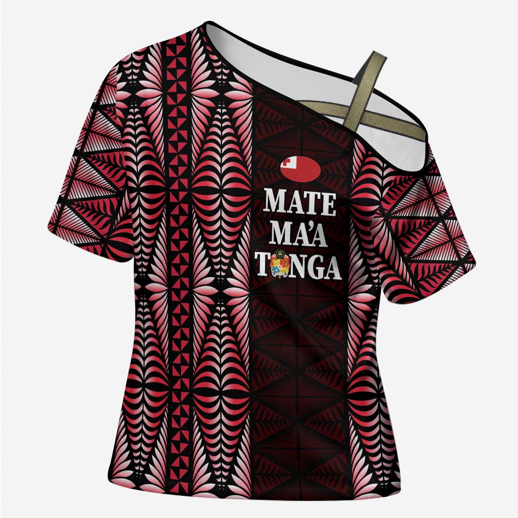 Tonga Rugby Personalised Cross Shoulder Shirt 2025 Mate Maa Tonga Ngatu Motif LT14 Female Red - Polynesian Pride