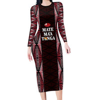 Tonga Rugby Personalised Family Matching Long Sleeve Bodycon Dress and Hawaiian Shirt 2025 Mate Maa Tonga Ngatu Motif - Polynesian Pride