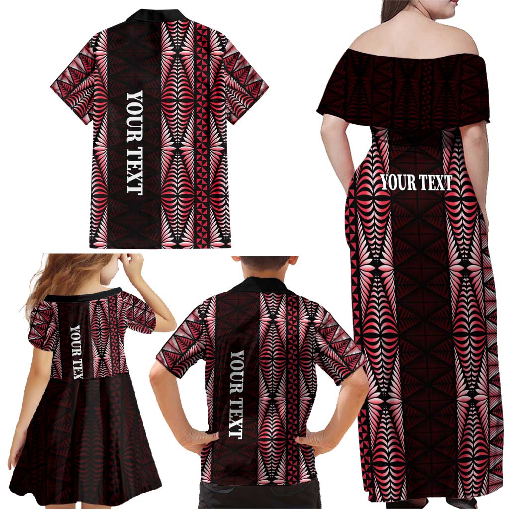 Tonga Rugby Personalised Family Matching Off Shoulder Maxi Dress and Hawaiian Shirt 2025 Mate Maa Tonga Ngatu Motif - Polynesian Pride