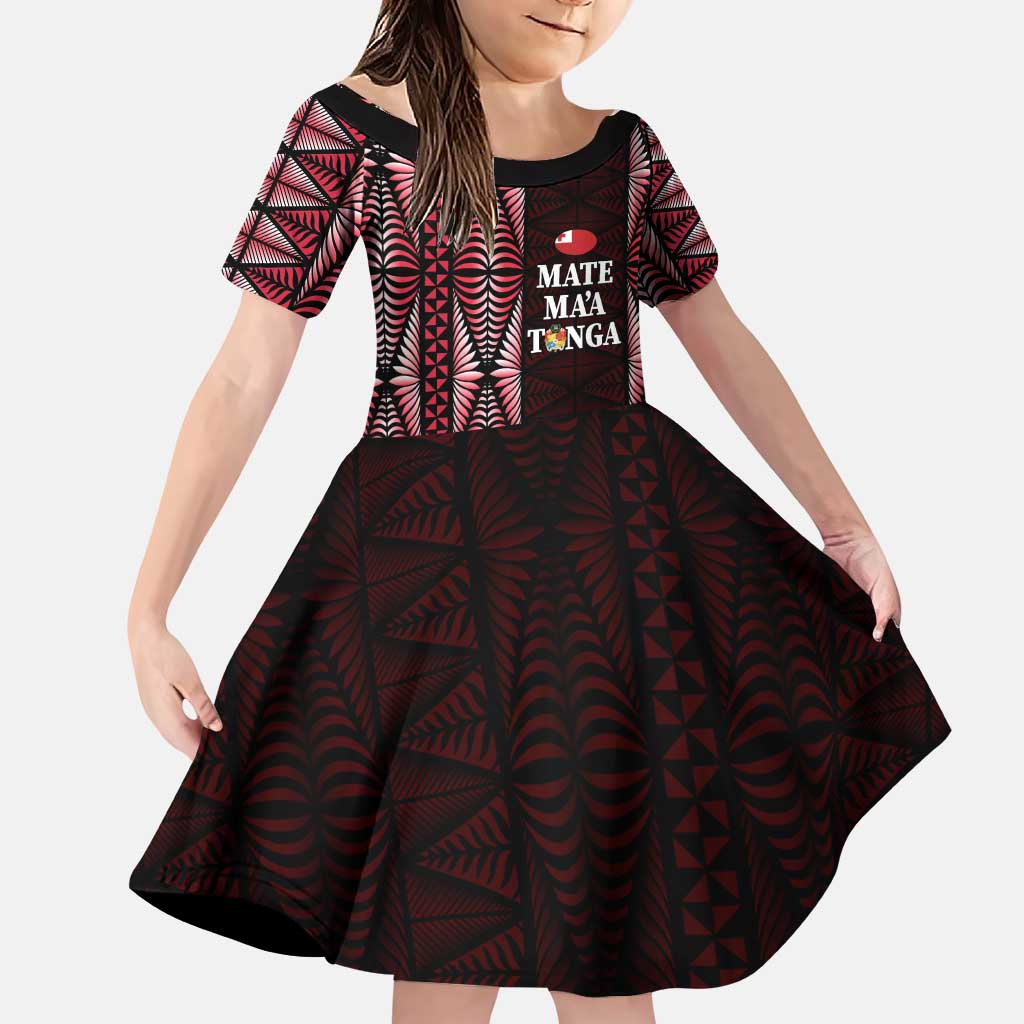 Tonga Rugby Personalised Family Matching Puletasi and Hawaiian Shirt 2025 Mate Maa Tonga Ngatu Motif LT14 Daughter's Dress Red - Polynesian Pride