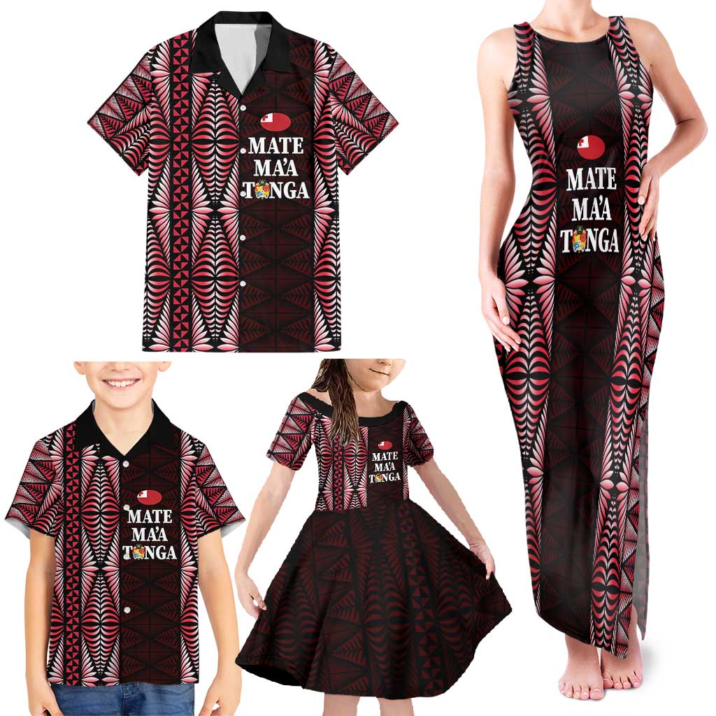 Tonga Rugby Personalised Family Matching Tank Maxi Dress and Hawaiian Shirt 2025 Mate Maa Tonga Ngatu Motif - Polynesian Pride