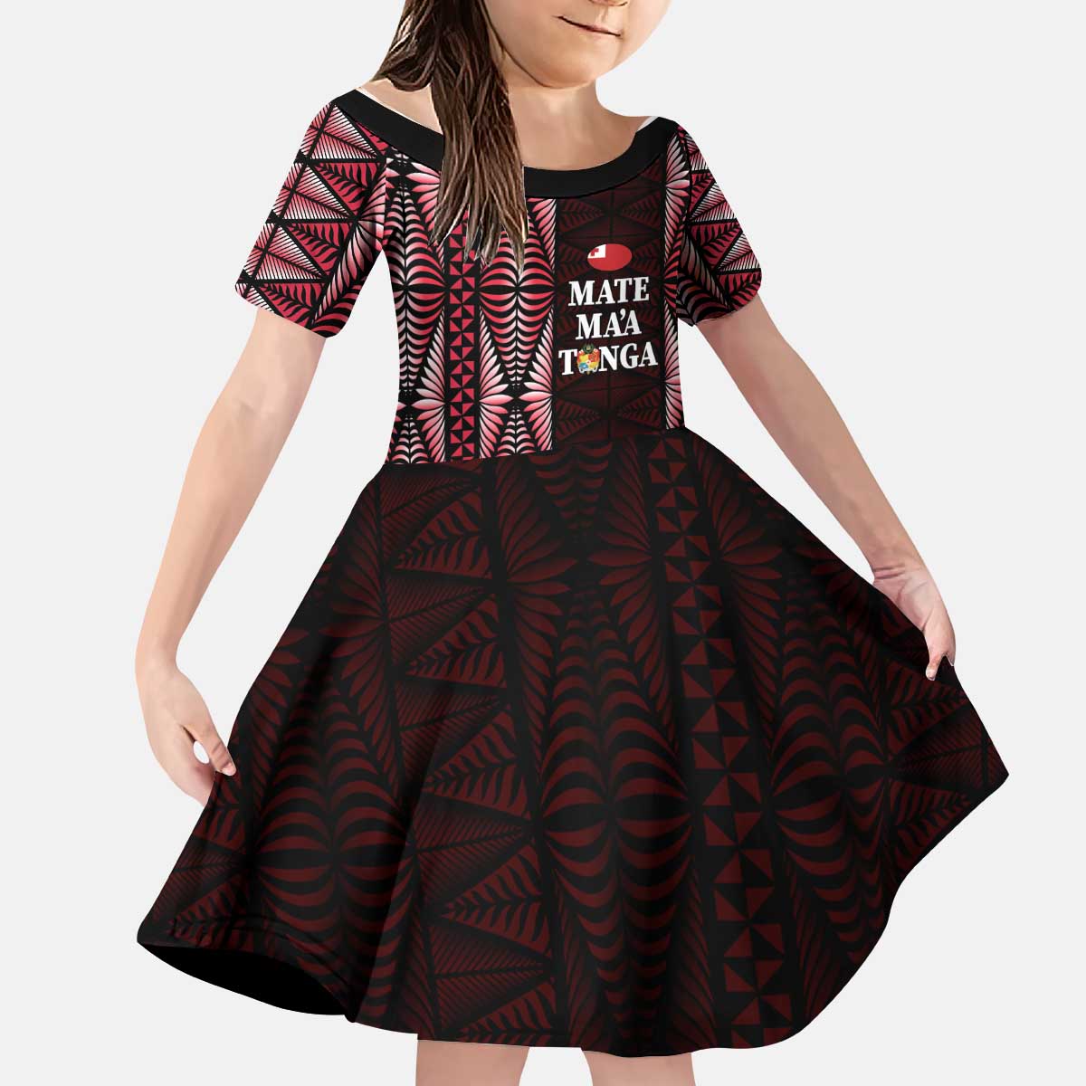 Tonga Rugby Personalised Kid Short Sleeve Dress 2025 Mate Maa Tonga Ngatu Motif - Polynesian Pride