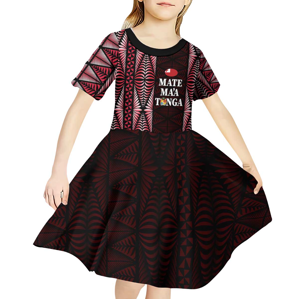 Tonga Rugby Personalised Kid Short Sleeve Dress 2025 Mate Maa Tonga Ngatu Motif - Polynesian Pride