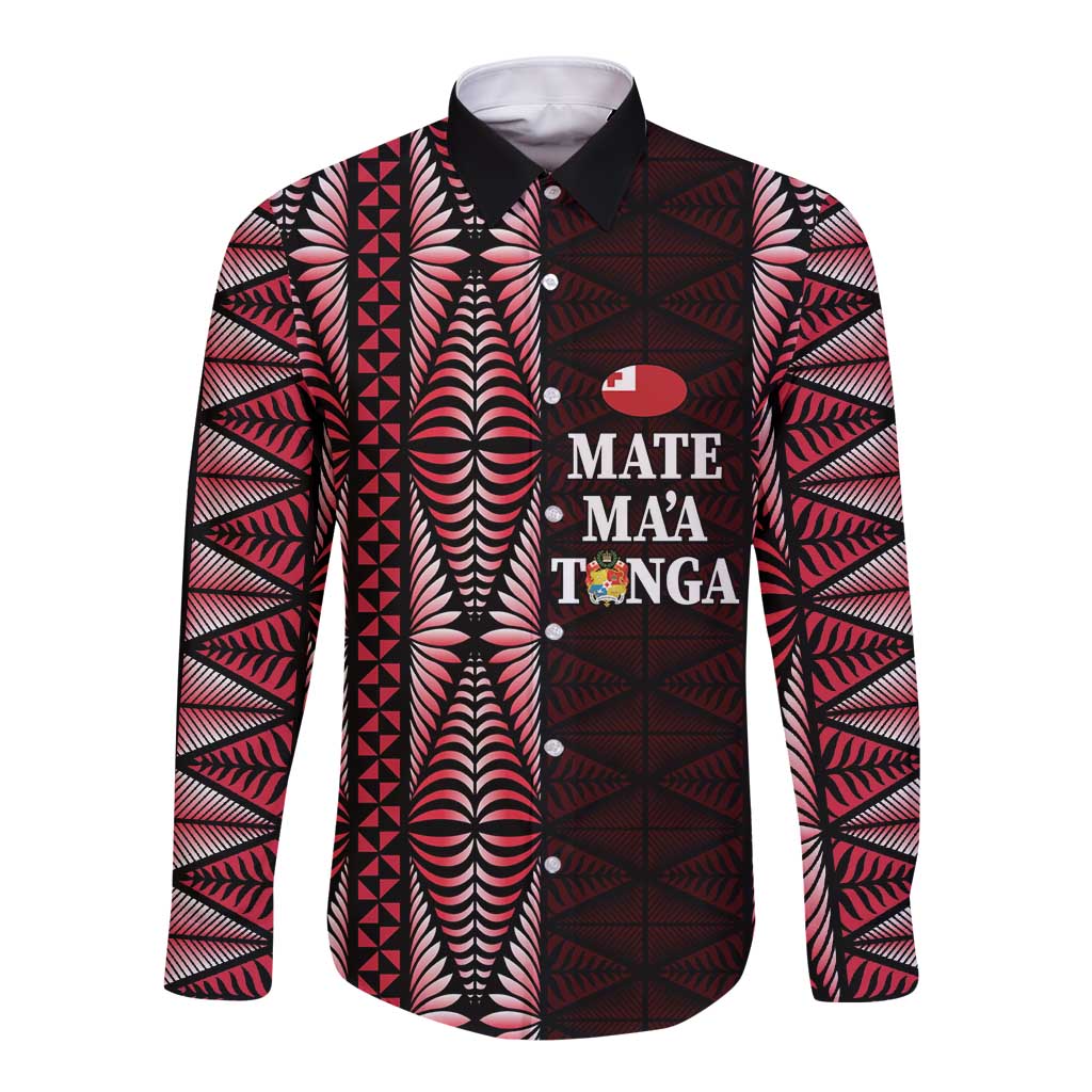 Tonga Rugby Personalised Long Sleeve Button Shirt 2025 Mate Maa Tonga Ngatu Motif LT14 Unisex Red - Polynesian Pride