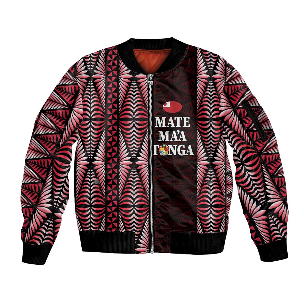 Tonga Rugby Personalised Sleeve Zip Bomber Jacket 2025 Mate Maa Tonga Ngatu Motif LT14 Unisex Red - Polynesian Pride