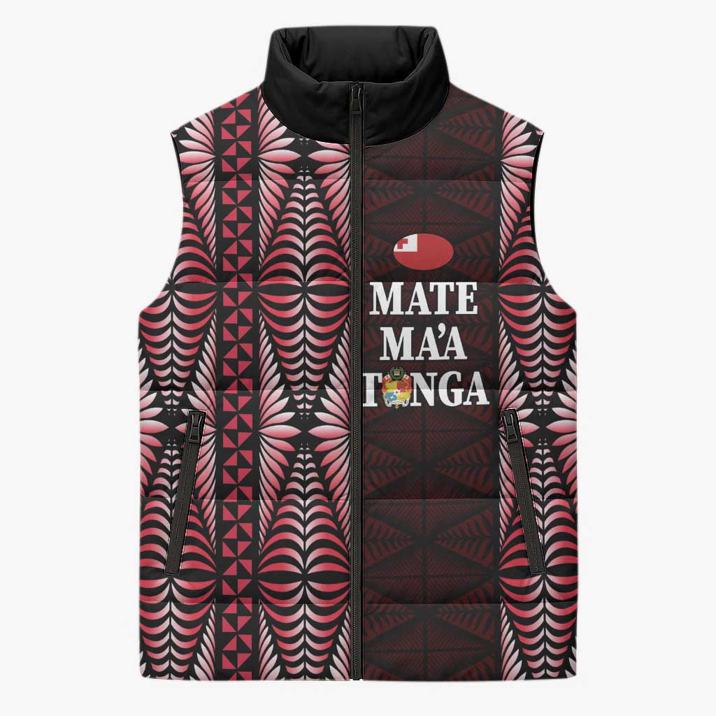 Tonga Rugby Personalised Sleeveless Puffer Jacket 2025 Mate Maa Tonga Ngatu Motif LT14 Unisex Red - Polynesian Pride