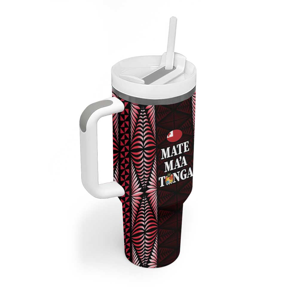Tonga Rugby Personalised Tumbler With Handle 2025 Mate Maa Tonga Ngatu Motif - Polynesian Pride